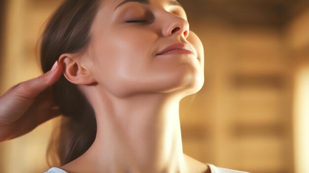 Relaxed young woman doing neck massage at health spa top view of beautiful woman wrapped in towel lying on table with eyes closed enjoying body treatment