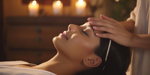 Relaxed young woman receiving head massage in spa salon Beauty treatment concept