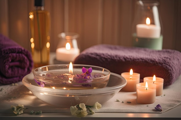 Relaxing aromatherapy bath with essential oils and candles