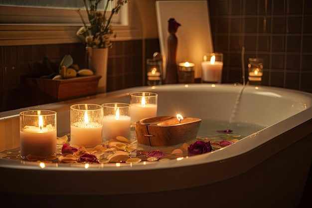 Расслабляющая ванна со свечами и ароматерапевтическими маслами для успокаивающего эффекта, созданная с помощью генеративного искусственного интеллекта.