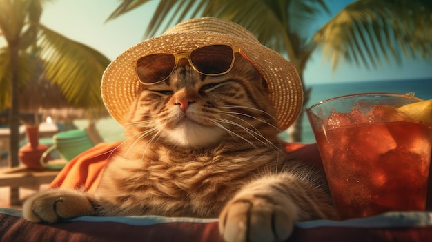 Relaxing beach day for the cat in a hammock with a refreshing cocktail AI generated