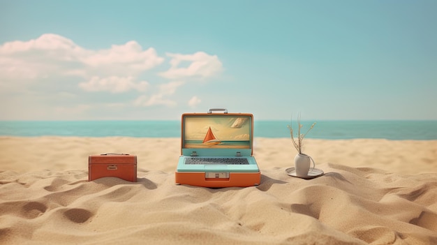 모래 위에 노트북을 가지고 휴식을 취하는 해변 장면 레트로 스타일의 휴가 또는 원격 작업 개념