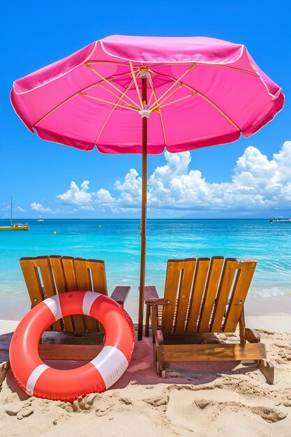 Relaxing beach scene with pink umbrella wooden chairs