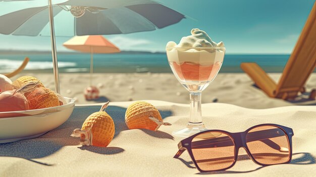 Расслабляющая пляжная сцена с освежающим коктейлем и солнцезащитными очками Отдых в ретро-стиле натюрморт