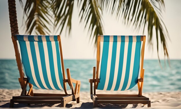 Relaxing beach vacation with a lounge chairs and palm trees Hot summer days