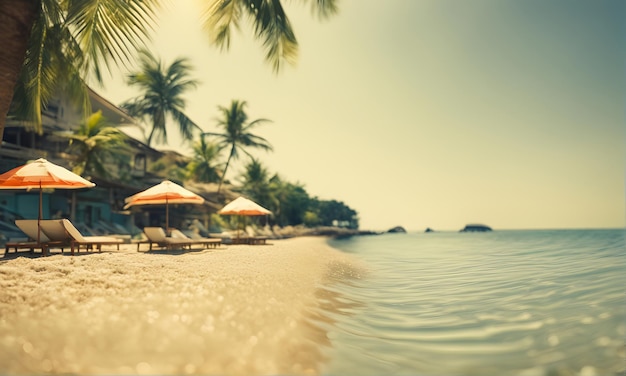 Расслабляющий пляжный отдых с шезлонгами и пальмами. Жаркие летние дни.