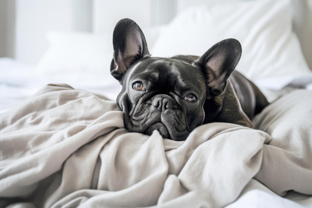 Relaxing in bed with a French bulldog