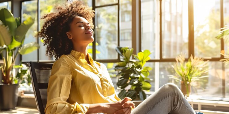 Photo relaxing businesswoman with eyes closed in a modern sunny office