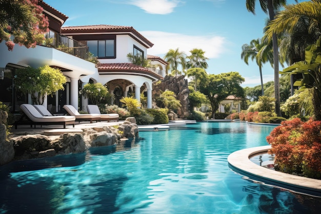 Relaxing by the pool luxurious modern villa with palm trees