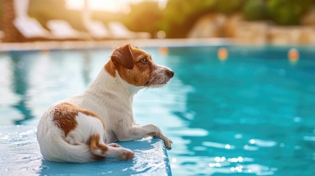 プールのそばでリラックスする犬は太陽と楽しみを吸って休暇を楽しんでいます