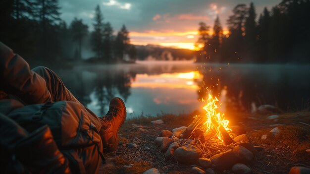 Relaxing Campfire by the Lake at Sunset