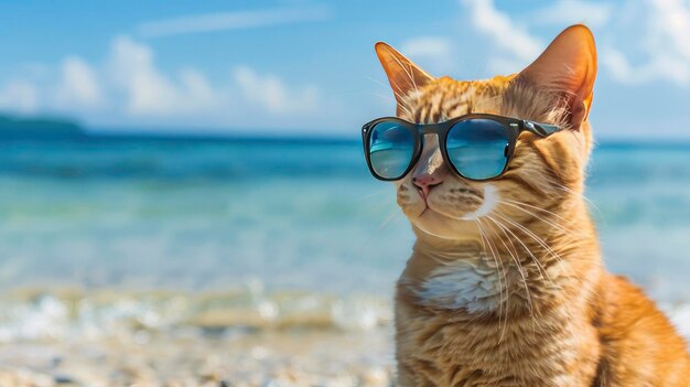 relaxing cat on the beaches of a wonderful ocean carrying stylish sunglasses summer day