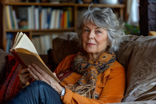 Photo relaxing on the comfortable sofa a cheerful senior woman in her 60s engrosses