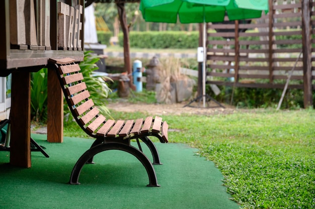 Relaxing corner with wooden bench