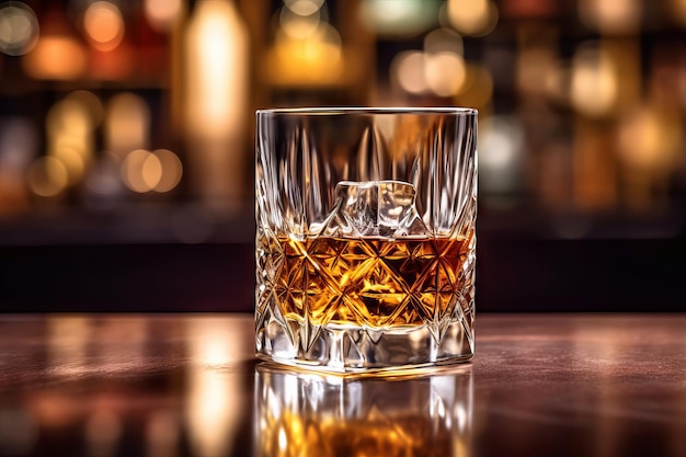 Relaxing Evening Whiskey Glass on Bar Table with Blurred Background Generative AI