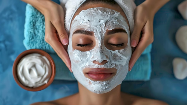 Relaxing facial treatment at a serene spa Woman enjoying a soothing face mask Wellness beauty and selfcare Evoke tranquility and pampering Ideal for adverting spa services AI