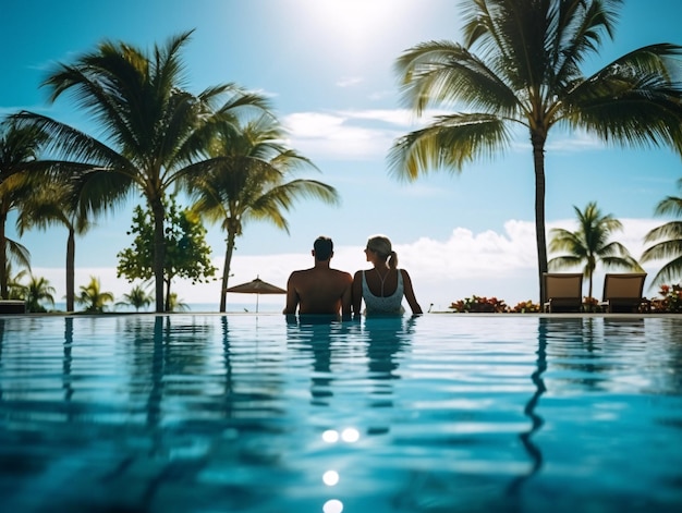 Расслабляющий отдых Счастливая пара наслаждается блаженством у бассейна с пальмами Генеративный ИИ