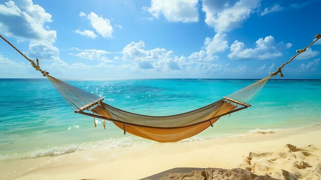 Relaxing on a hammock on a tropical beach with crystal clear water and white sand The perfect place to relax and forget about all your troubles