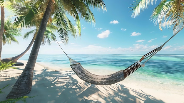 Relaxing hammock on a tropical beach with white sand and palm trees