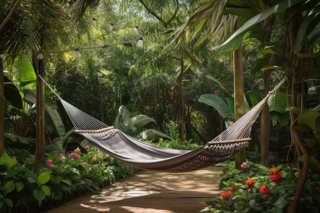Image of Tropical garden with lush greenery and hammock