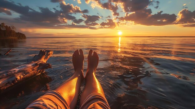 Photo relaxing on a lake at sunset with your feet in the water is a perfect way to end a summer day