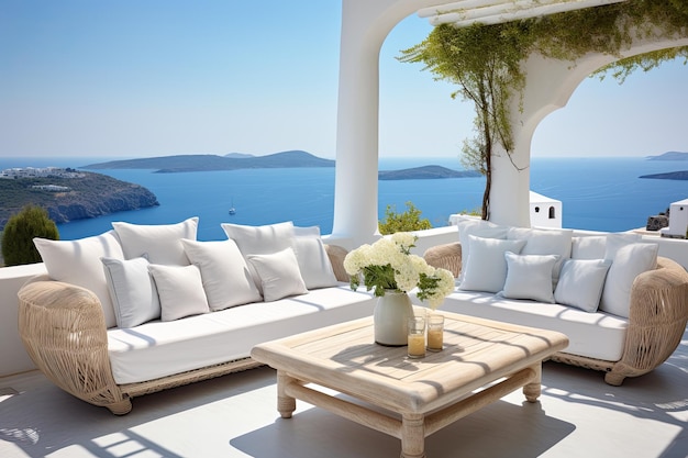 Photo relaxing launge at santorini with blue domes against sea and caldera greece