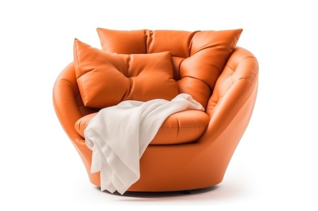 Расслабляющее оранжевое кожаное кресло на белом фоне