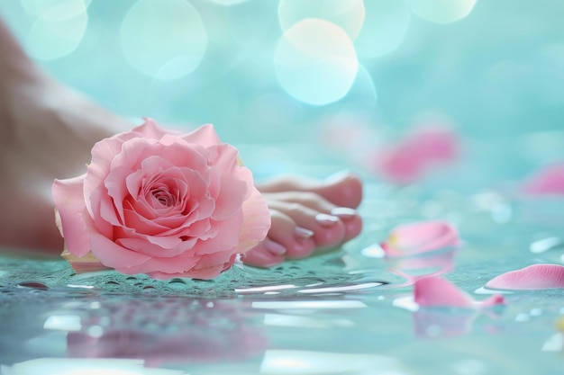 Relaxing pedicure and manicure with a pink rose flower