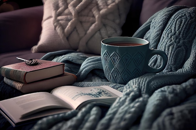 Relaxing place on the couch with hot tea book and cozy blanket created with generative ai