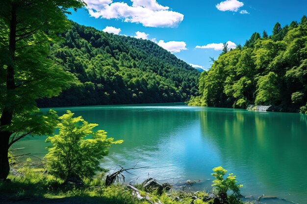 Relaxing place green mountain and lake panorama natural scenery