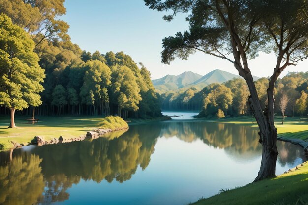 休憩場所 国立5A景色 緑の山 清潔な緑の淡水湖 自然の風景