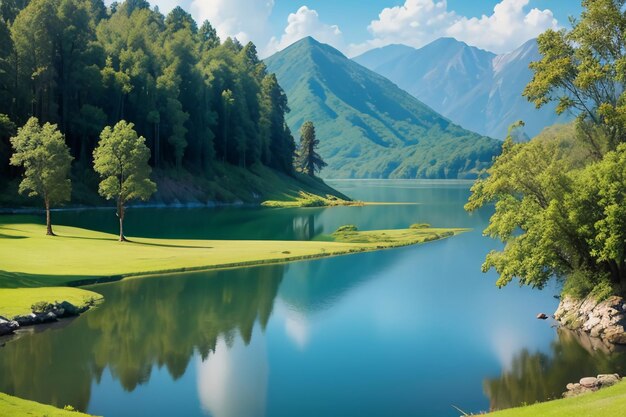 くつろぎの場所 国家5A景勝地 緑の山 清らかな緑の淡水湖 自然景観