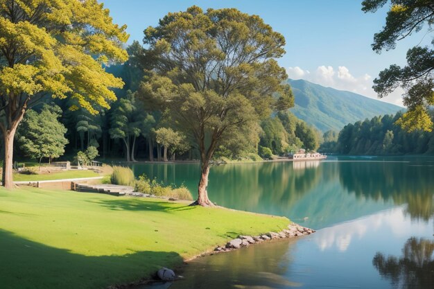 休憩場所 国立5A景色 緑の山 清潔な緑の淡水湖 自然の風景