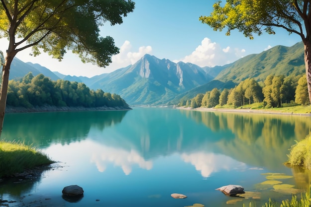 休憩場所 国立5A景色 緑の山 清潔な緑の淡水湖 自然の風景