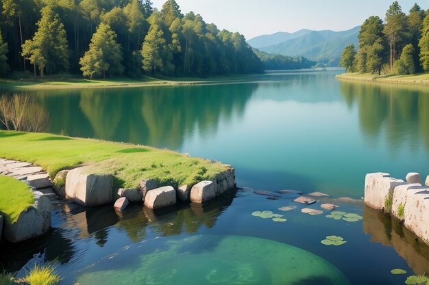 Foto luogo rilassante punto panoramico nazionale 5a montagna verde pulito scenario naturale del lago d'acqua dolce verde