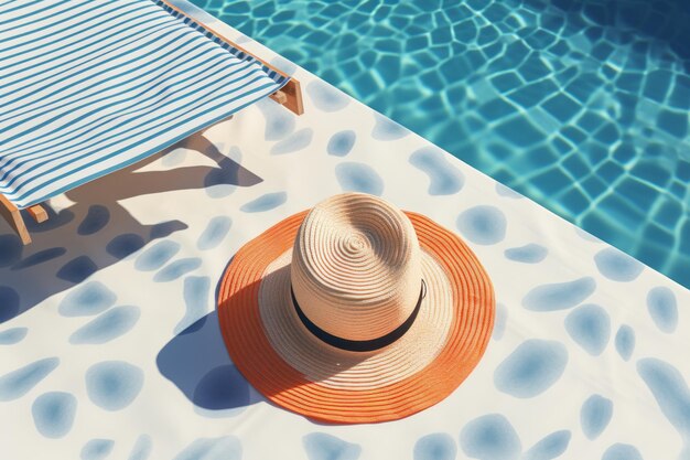 Расслабляющийся макет у бассейна с солнцезащитной шляпой