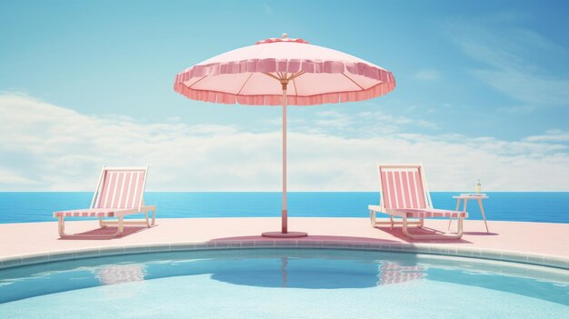 A relaxing poolside scene with pink umbrella and chairs