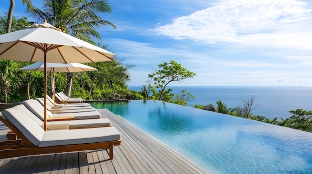 relaxing poolside scene with sun loungers and an ocean view