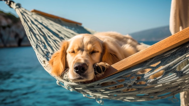 Relaxing seaside scene as a content labrador dog rests in a cozy hammock basking in the gentle ocean breeze generated ai