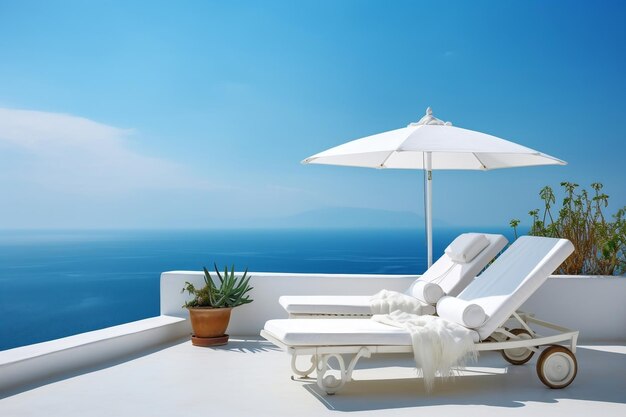 Relaxing Serenity White Deck Chair on Terrace with Stunning Sea View Generative AI