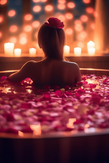 장미 꽃잎 온수 욕조에 몸을 담그고 휴식을 취하세요 궁극의 스파 경험