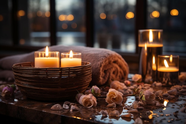 Relaxing spa Massage for Deep Sleep and candle light with kamin on background AI generative