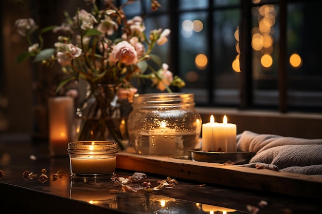 Relaxing spa Massage for Deep Sleep and candle light with kamin on background AI generative