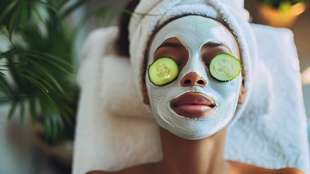 Foto un momento di relax in spa con una maschera facciale nutriente e fette di cetriolo raffreddanti per brillare ringiovaniti