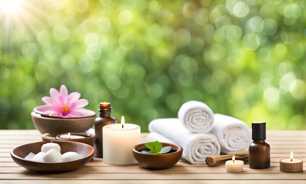 Relaxing spa set with blurred nature backdrop