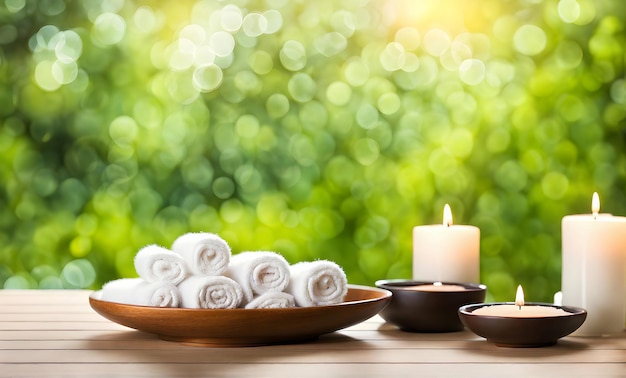 Relaxing spa set with blurred nature backdrop