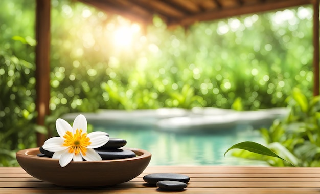 Photo relaxing spa set with blurred nature backdrop