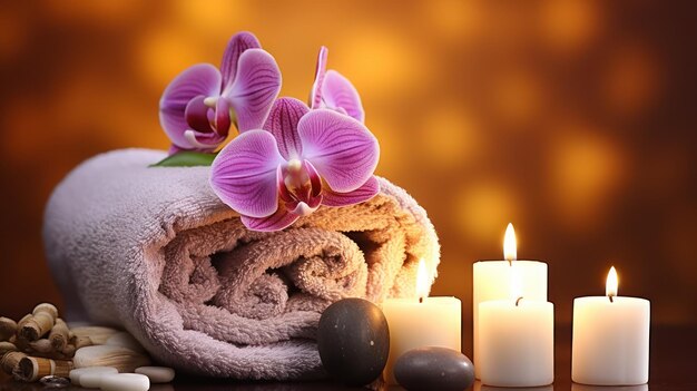 Relaxing Spa Still Life with Aromatic Candles and Orchid Flower