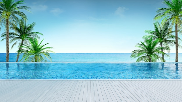 Foto rilassante spiaggia estiva, terrazza prendisole e piscina privata con palme vicino alla spiaggia e vista panoramica sul mare a casa di lusso / rendering 3d