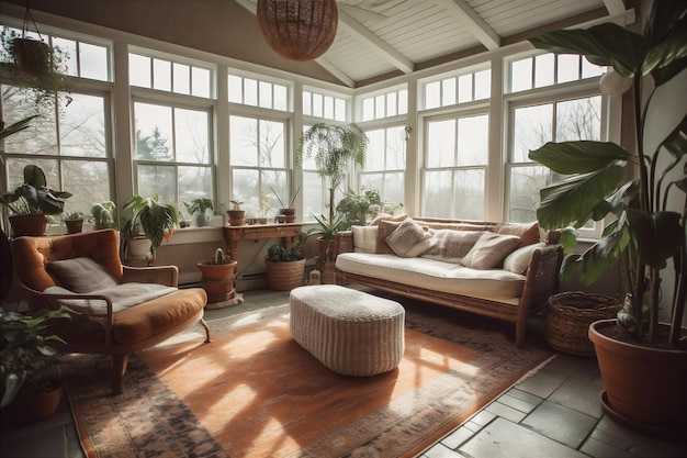 Расслабляющая солнечная комната с большим количеством естественного солнечного света комфортные диваны растения искусственный интеллект